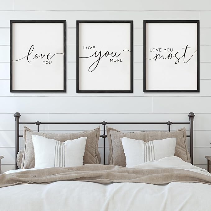 Set of 3 Love You More Sign I Love You Most Sign Wall Decor for bedroom room and living room (11x14 inches, Black)