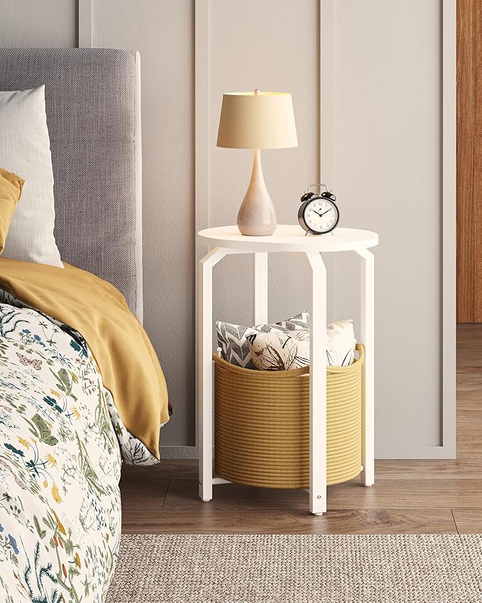 TUTOTAK Small Side Table, Oval End Table, Night Stand, Bedside Table, Set of 2, Sofa Table with Storage Basket, Living Room, Bed Room, White and Beige TB01BWN0932