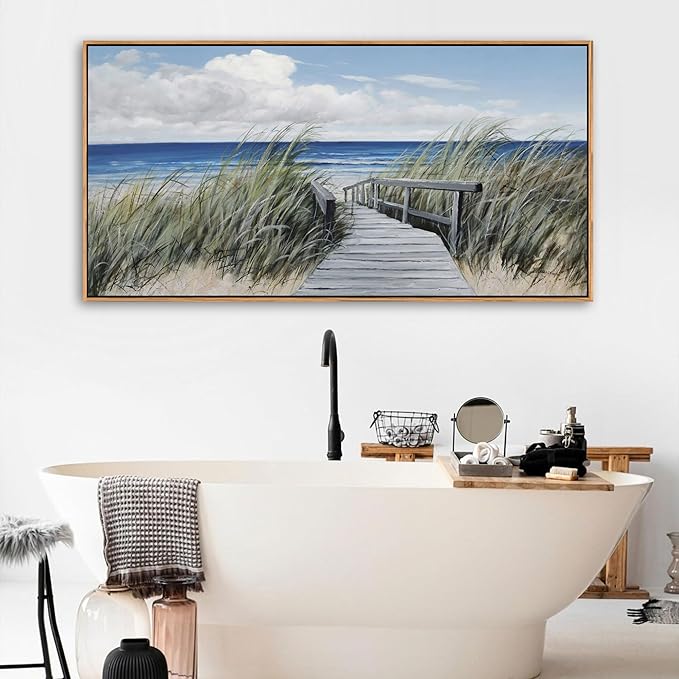 Coastal Wall Art for Living Room - Vintage Farmhouse Landscape Artwork for Walls, Framed Blue Seascape Canvas Decor, Beach Pictures for Bedroom, Ocean Wall Decor Home Decorations 24×48IN