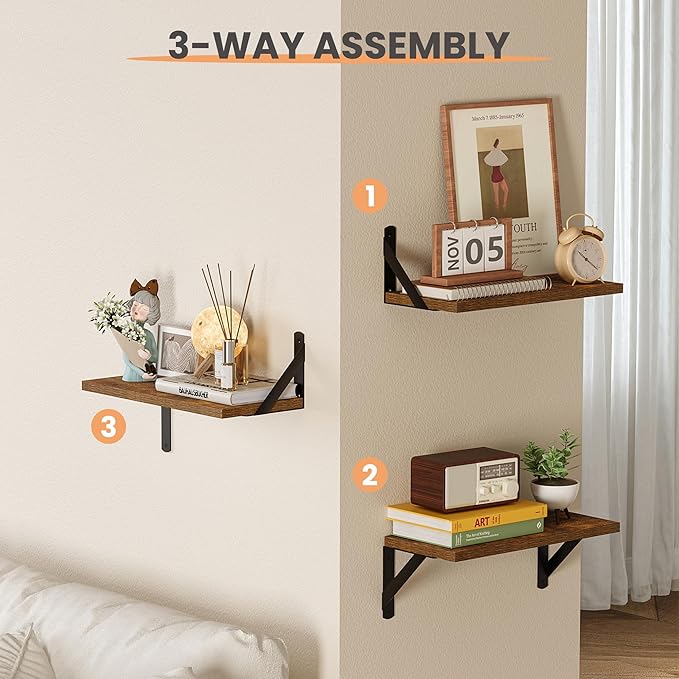 upsimples 15.7 Inches Floating Book Shelves for Wall, Wood Shelves for Living Room, Bathroom, Bedroom, Kitchen Storage and Decoration, Brown