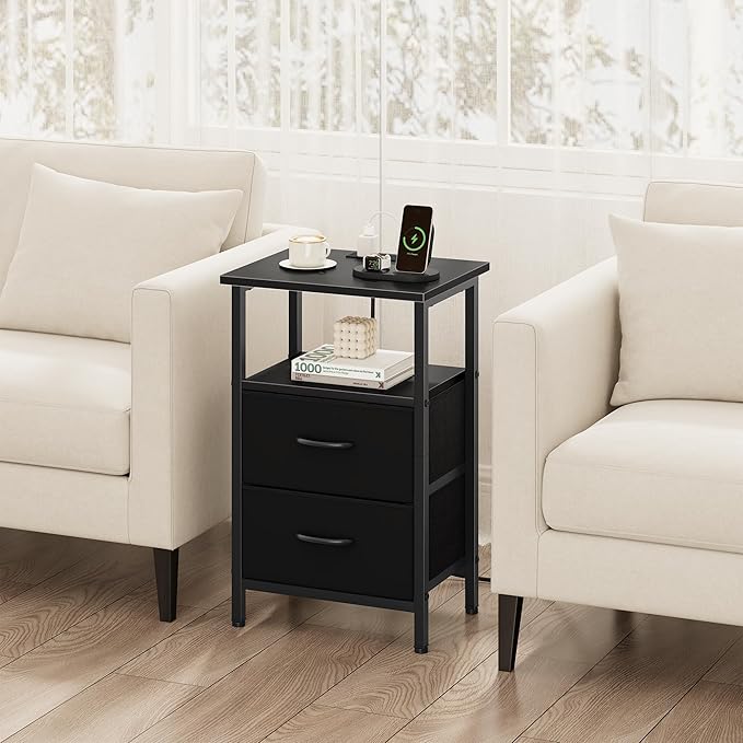Vagusicc Nightstand with Charging Station, End Table Bedside Table with 2 Fabric Drawers, Black Night Stand with USB Ports & Outlets, 24.2" Tall Bed Side Table with Storage Shelf for Bedroom, Black