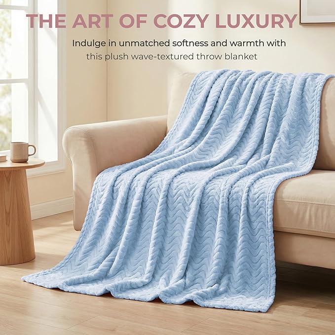 Exclusivo Mezcla Twin Blanket for Bed, Cozy Lightweight Fleece Blankets for All Season, Decorative Giftable Fuzzy Plush Wave Textured Suitable for Women, Men, Light Blue, 90x66 Inches