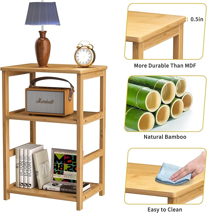 VASMIA End Table, 3-Tier Side Table with Storage Shelf, Bamboo Nightstand Bedside Table for Small Spaces, Bedroom, Living Room,Natural