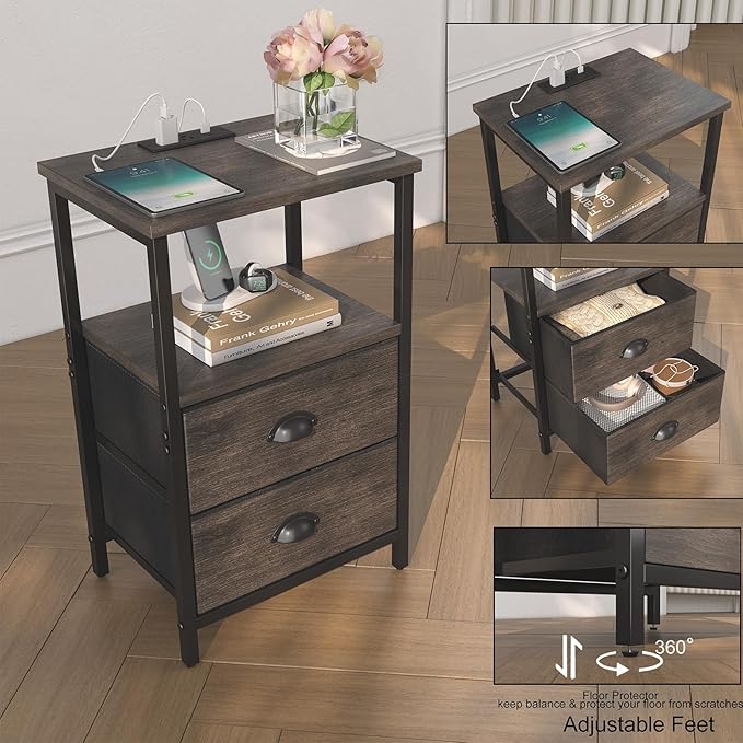 Nightstand with Charging Station, LED Night Stand with 2 Fabric Drawers, Bedside Tables End Table with Drawers, 2-Tier Storage Side Table Nightstand with Drawers for Bedroom, Black Oak