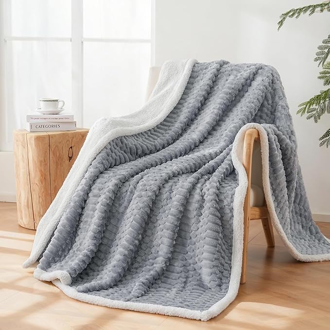 Sherpa Throw Blanket for Couch Flannel Cozy Soft Thick Blanket Warm Twin Blanket for Bed Fleece Home Decor Gifts, Z01 - Grey Blue, 60"*80"