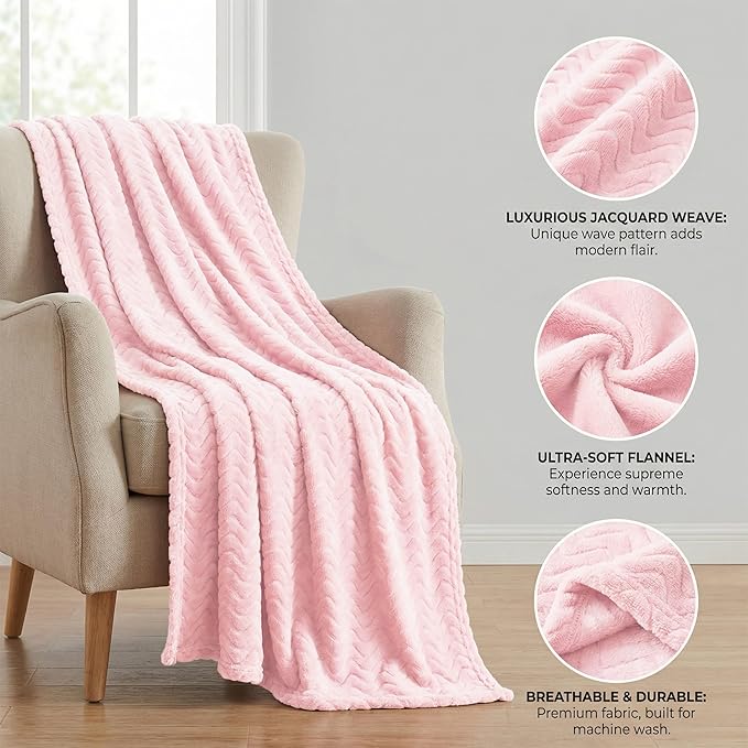 Exclusivo Mezcla Fleece Throw Blanket for Couch, Cozy Lightweight Blankets for All Season, Decorative Giftable Fuzzy Plush Wave Textured Throws for Women, Men, Light Pink, 50x70 Inches