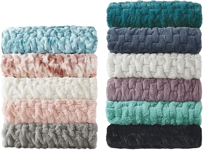 Madison Park Ruched Luxury Throw Premium Soft Cozy Brushed Long Faux Fur For Bed, Couch or Sofa, 50"x60", Aqua