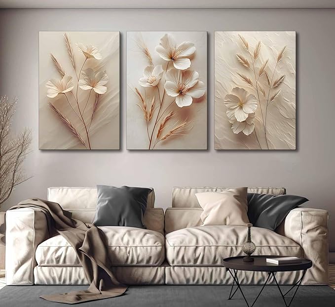 3Pcs Neutral Beige Floral Botanical Canvas Wall Art Modern Simple Texture Flower Plant Painting Picture Wall Decor Vintage Blossom Poster Print Artwork for Living Room Bedroom Bathroom