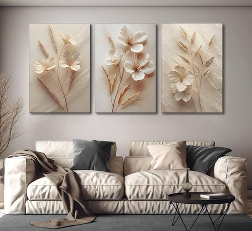 3Pcs Neutral Beige Floral Botanical Canvas Wall Art Modern Simple Texture Flower Plant Painting Picture Wall Decor Vintage Blossom Poster Print Artwork for Living Room Bedroom Bathroom