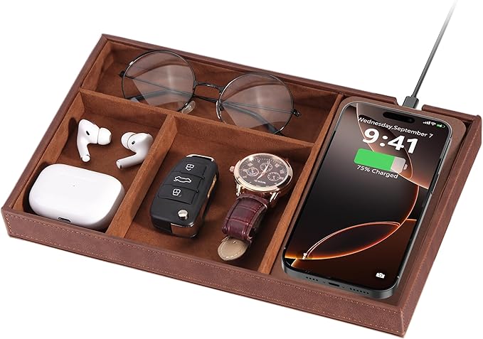 Valet Tray with Wireless Charger, Nightstand Organizer for Men, EDC Catchall Tray for Keys, Watch, Wallet, Jewellery, Premium Vegan Leather, Bedside Caddy, Stylish and Organized, Brown