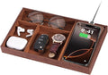 Valet Tray with Wireless Charger, Nightstand Organizer for Men, EDC Catchall Tray for Keys, Watch, Wallet, Jewellery, Premium Vegan Leather, Bedside Caddy, Stylish and Organized, Brown