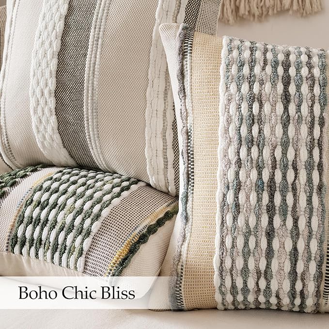 ANRODUO Pack of 2 Boho Decorative Throw Pillow Covers 24x24 Farmhouse Cushion Case Striped Chenille Pillow Cases Square Pillow Covers Accent Neutral Pillowcase for Sofa Couch Bed, Gray Blue Stripe