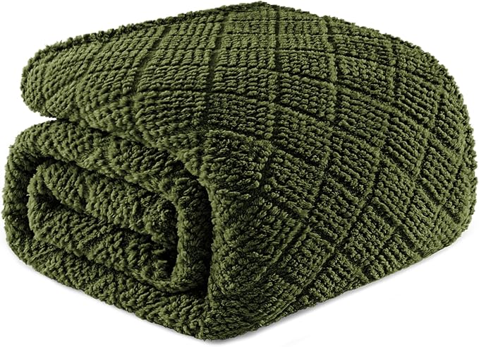 Whale Flotilla Fuzzy Fleece King Size Blanket for Bed, Soft Fluffy Jacquard Waffle Blankets for All Season, Lightweight and Warm, 90x104 Inch, Olive