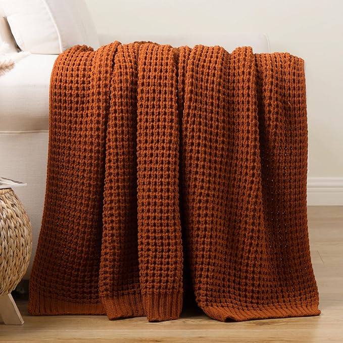 Bunnikins & Clover Knitted Waffle Blanket Throw, Fall Throw Blanket for Home Decoration, Caramel Throw Blanket for Couch, 60"x80"