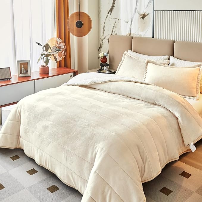 3-Layer Luxury Flannel Fleece Thick Bed Blanket King Size, Soft Plush Velvet Sherpa Blanket with 2 Pillow Shams Heavy Warm for Winter, Breathable n Washable, Cream White