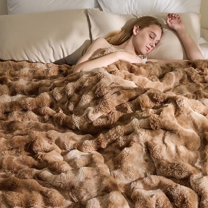 EMME Faux Fur Throw Blanket Tie Dye Brown - Big Bubble Rabbit Cozy Blanket for Couch, Small Fluffy Fuzzy Cozy Blanket, Thick Furry Plush Shaggy Blankets, 650GSM, 50x60 Inches