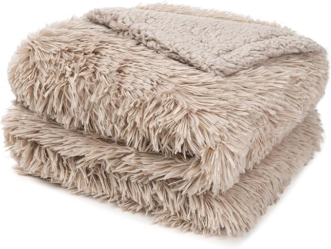 Pavilia Taupe Tan Fluffy Throw Blanket for Couch & Bed, Fuzzy Plush Warm Blanket, Super Soft Thick Faux Fur Sherpa, 60x80
