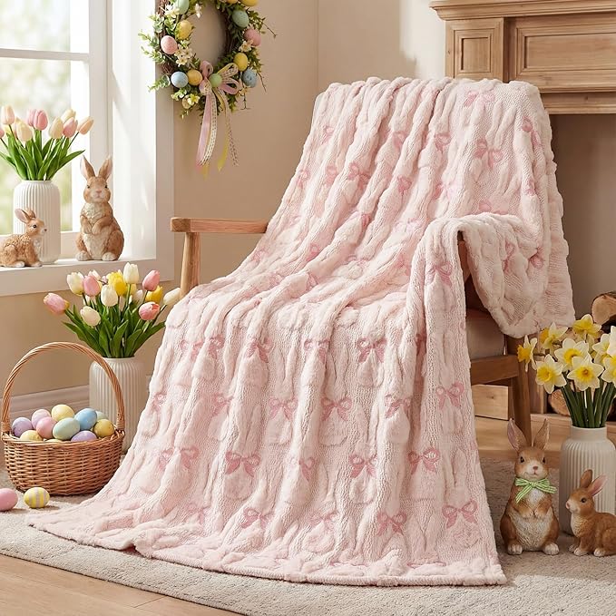 Horaldaily Easter Solid Blanket Throw, Pink Rabbits Bow Soft Fuzzy Plush Faux Fur Cozy Blankets for Couch Sofa Bed Lounging, Ideal Gifts for Kids Adults Wife Self, 60x80