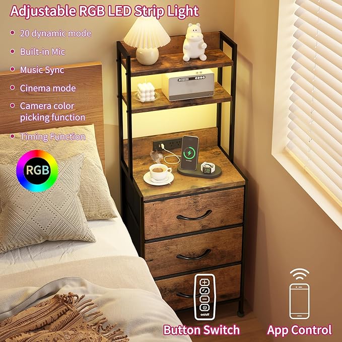 Fixwal 41 Inch Tall Nightstand with Charging Station, Led Night Stand with U-S-B Port & Socket, 3 PU Finished Fabric Storage Drawers, Office, Bedside Table & Bookshelf in One, Rustic Brown