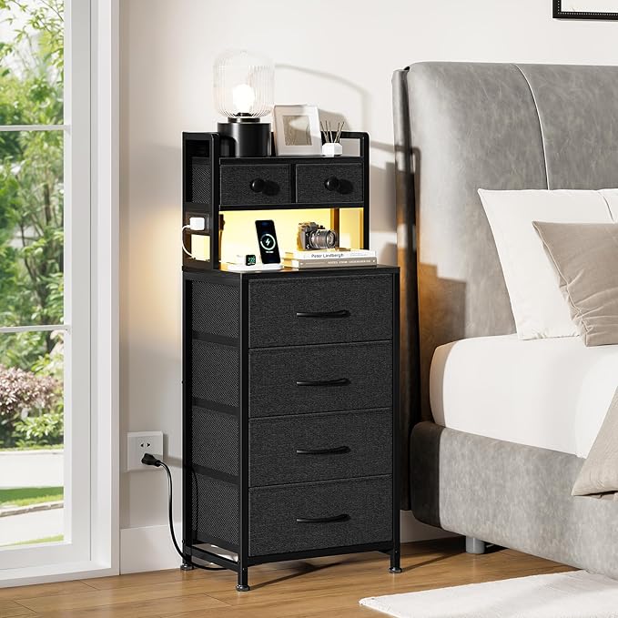 REAHOME 41 Inch Tall Nightstand with Charging Station, LED Night Stand with 6 Fabric Drawers, Bed Side Table with 3-Tier Wood Storage Shelves for Bedroom, Office, Small Spaces, Dark Gray