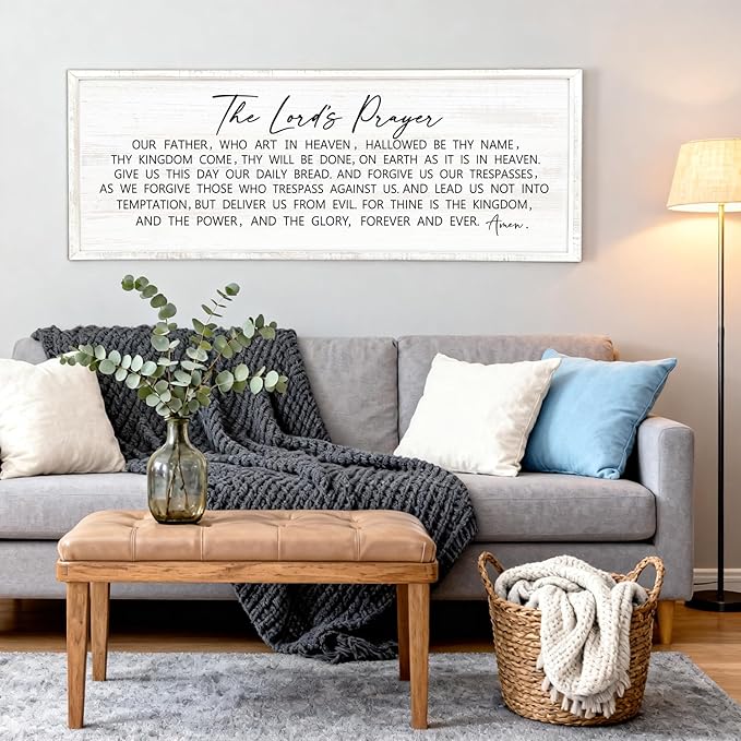 Our Father Prayer Bible Verse Framed Wall Art, 40''×15'' White Horizontal Religious Christian Lords Prayer Sign for God Jesus Christ Prayer, Rustic Holy Inspirational Catholic Scripture Decor