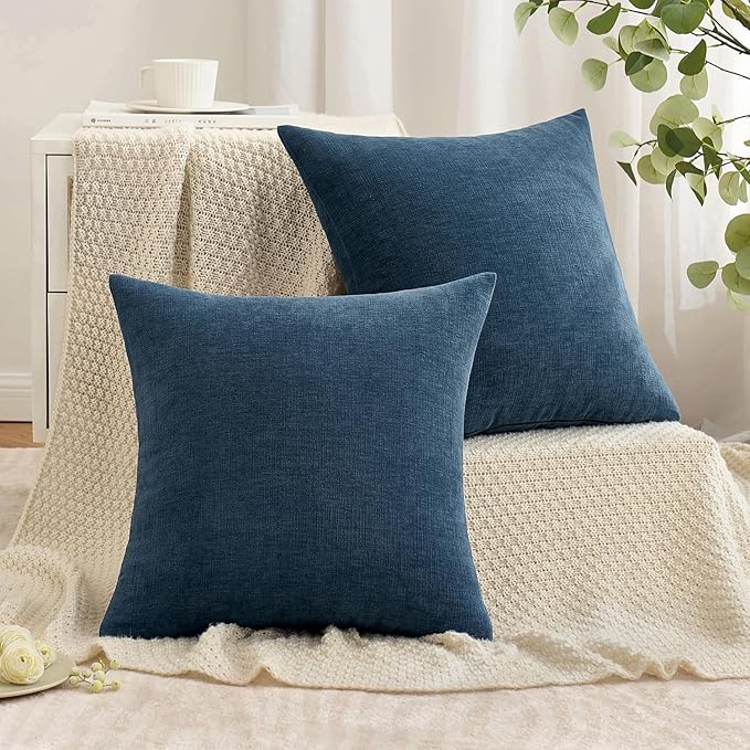 MIULEE Dark Blue Couch Pillow Covers 18x18 Inch, Set of 2 Soft Chenille Decorative Square Throw Pillow Covers Farmhouse for Sofa Living Room Bed