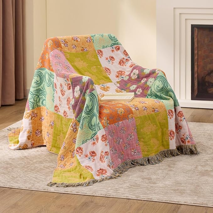 100% Cotton Boho Throw Blanket for Home Decor – Classic Farmhouse Quilt Bedding, Muslin Blankets for Adults, Vintage Woven Decorative Blanket for Couch, Bed Layering Use, Patchwork, 90"x90"