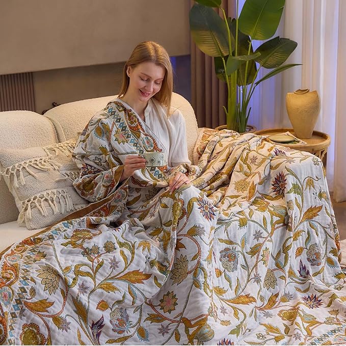 Fall Throw Blanket for Couch, Brown Boho Decorative Throw Blanket, 100% Cotton Muslin Breathable Woven Farmhouse Blankets Quilt, 50"x60" Reversible Lightweight Blankets Bohemian Throw Quilt