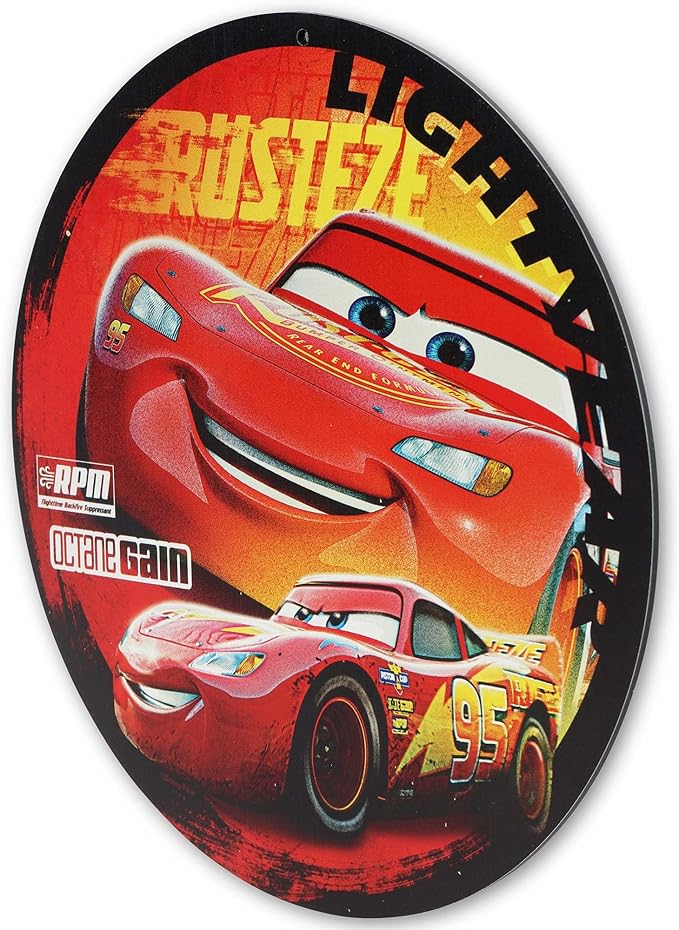 Disney Pixar Cars Lightning McQueen Round Metal Wall Decor - Fun Cars Sign for Bedroom or Play Room