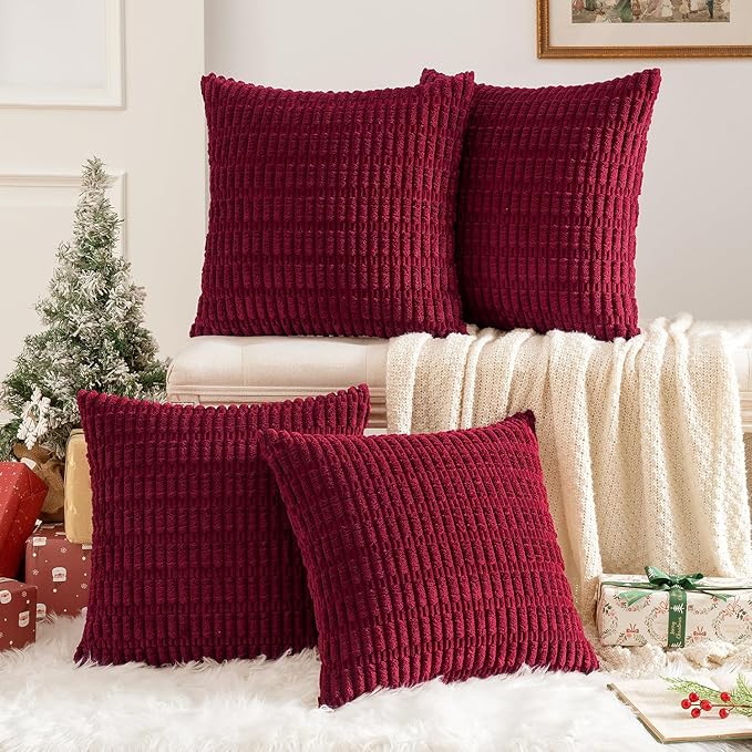 MIULEE Pack of 4 Christmas Wine Red Corduroy Decorative Throw Pillow Covers 18x18 Inch Soft Boho Striped Pillow Covers Modern Farmhouse Home Decor for Sofa Living Room Couch Bed