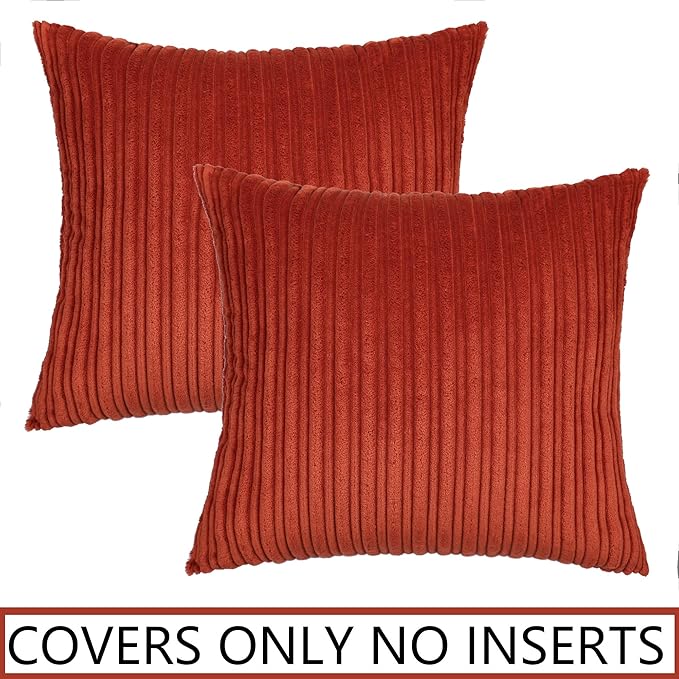 UGASA Fall Striped Velvet Decor Pillow Covers Soft Solid Square Corduroy Cushion Covers Throw Cushion Cases for Couch Sofa Living Room, 20"x20", Pack of 2, Burnt Brick
