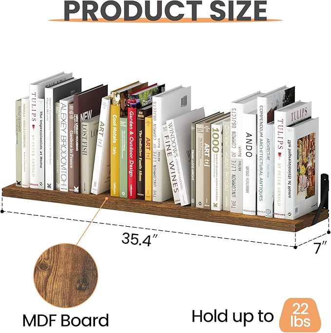 upsimples 35.4 Inches Floating Book Shelves for Wall, Long Floating Wood Shelves for Living Room, Library, Bedroom, Office Organizer and Storage, Brown