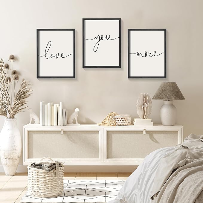 Heiple Love You More Sign Set of 3 Framed Above Bed Wall Decor Farmhouse Bedroom Decor Wood Art Rustic Master Bedroom Essentials Home Decoration (Black, 11”x14”)