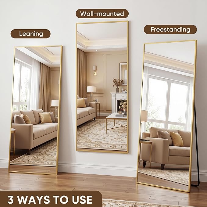 Antok Full Length Mirror, 71"x32" Floor Mirror with Stand, Hanging Mounted Mirrors for Bedroom, Living Room, Cloakroom, Dining Room, Gold, Rect