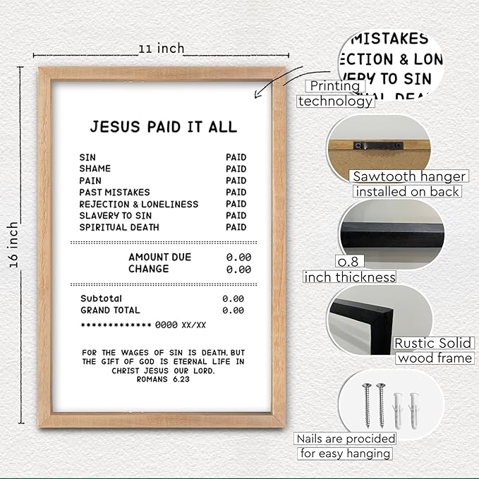 YWMZYKJGS Romans 6:23 Wall Art 16"×11" Jesus Paid It All Wall Decor Scripture Bible Verse Sign Gospel Tracts Religious Salvation Modern Funny Wood Framed Hanging (Wood)