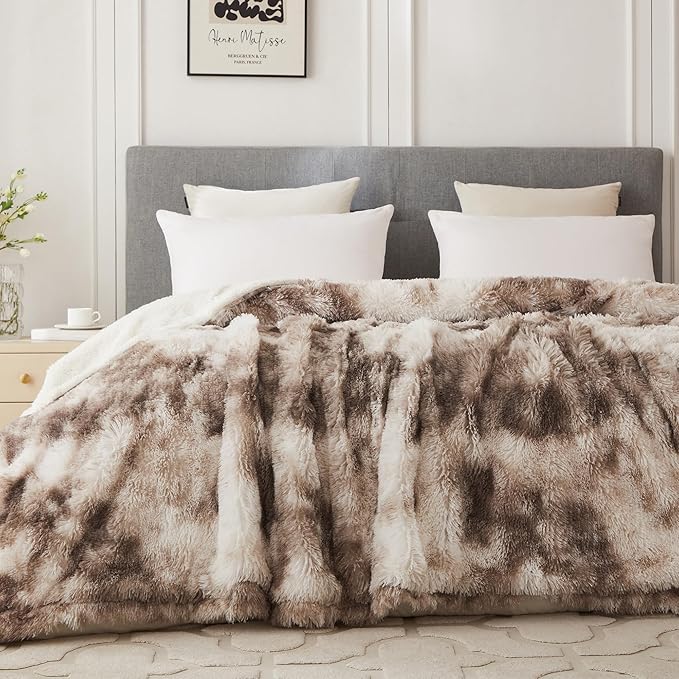 COOVA Ultra Soft Faux Fur Twin Blanket – Fuzzy Fluffy Cozy Microfiber Blankets, Warm Thick Plush Sherpa Fleece Throw Blanket for Couch,Bed,Sofa,Ideal Gift for Women.(Tie Dye Brown, 60"x80")