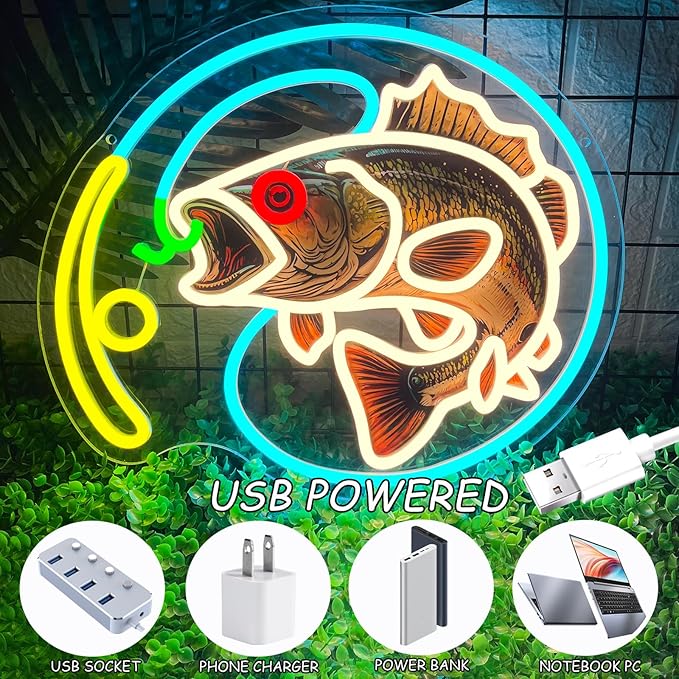Fishing Neon Sign, Dimmable Fishing Hook Lights Neon for Wall Decor, Fishing Themed LED Neon Light Sign for Fishing Lovers Fishing Gear Store Man Cave Yacht Party Coastal Kitchen Bedroom Boy Presents (Fishing printing)
