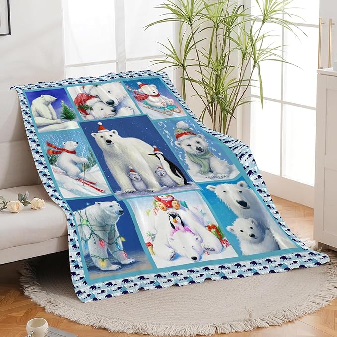 Christmas Polar Bear Blanket for Girls Women Boys Men Adults Kids Soft Cozy Fleece Cute White Bears Throw Blankets Gifts Warm Flannel Plush Lightweight Decor for Couch Bed Sofa 80"X60"