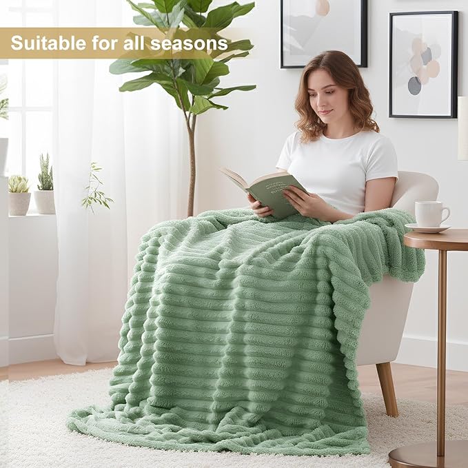 decorUhome Soft Fleece Sage Green Throw Blanket for Couch, Cozy Fluffy Plush Flannel Striped Blanket for Sofa Bed, Lightweight Decorative Ribbed Fuzzy Blanket for Woman, 50x60 Inches
