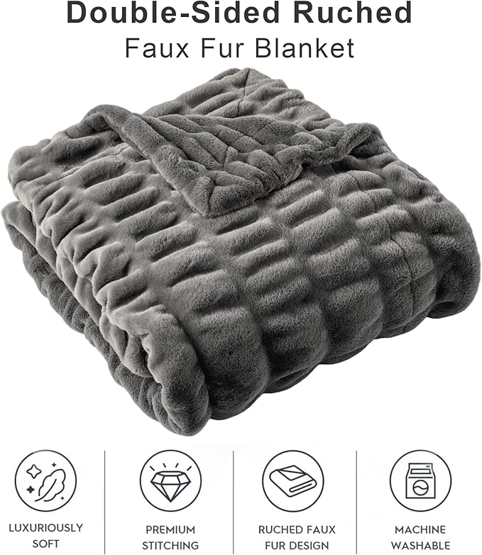 BATTILO HOME Luxury Grey Faux Fur Throw Blanket, Double Side Ruched Rabbit Fur Blanket for Couch, Bed, Cozy Soft Warm Blanket, 60x80 Inches