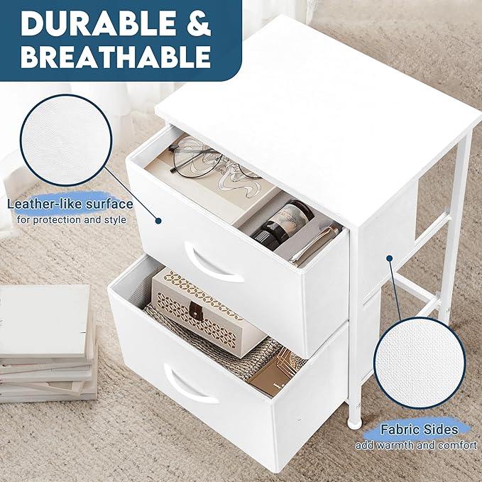 LOFTEY White Nightstand, Bedside Table with 2 Fabric Drawers, Small Kids Night Stand for Bedroom, Bed Side Table with Storage, 15.7" L x 11.8" W x 21" H