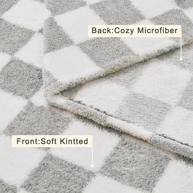 EMME Checkered Blanket Queen Size - 80"x90" Grey Knit Blanket Soft Fluffy Patterned Throw Blankets for Couch, Sofa, Chair, Bed, Camping, Picnic, Travel