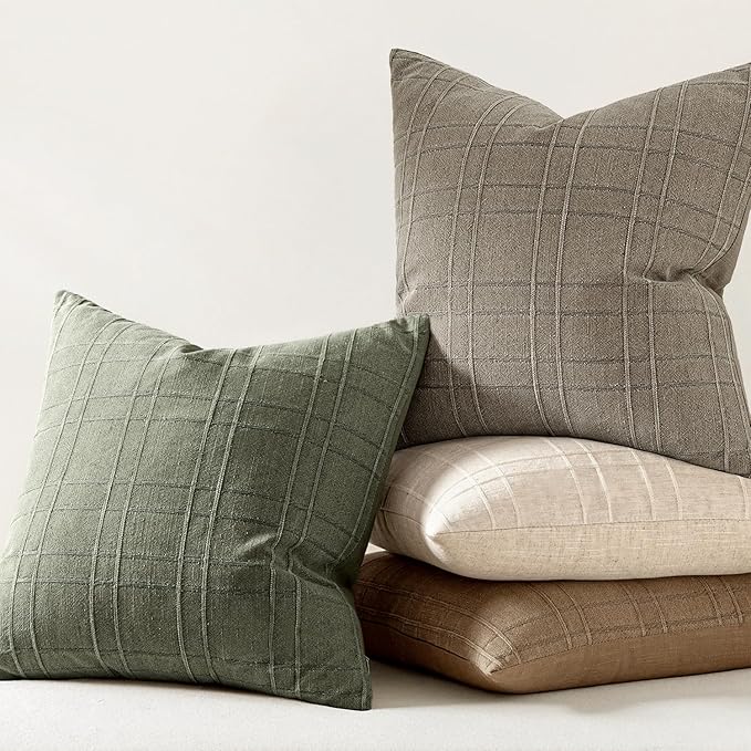 MIULEE Decorative Linen Check Euro Shams Throw Pillow Covers Neutral Farmhouse Vintage Spring Pillow Covers 26x26 Set of 2 Boho Modern Home Decor for Sofa Couch Bedroom Cushion Olive Green