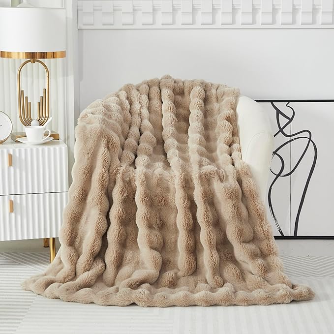 Faux Fur Throw Blanket for Couch Cozy Fuzzy Soft Plush Thick Fluffy Fleece Bubble Blanket for Sofa Bedroom Living Room, 63x79 Inches Camel