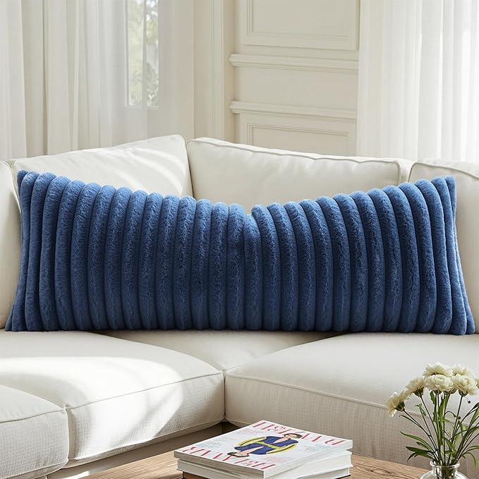 decorUhome Cozy Faux Fur Throw Pillow Covers 14x36 Set of 1 Decorative Soft Plush Striped Lumbar Modern Farmhouse Boho Couch Pillow Cases with Velvet Back for Sofa Bed Living Room, Navy Blue
