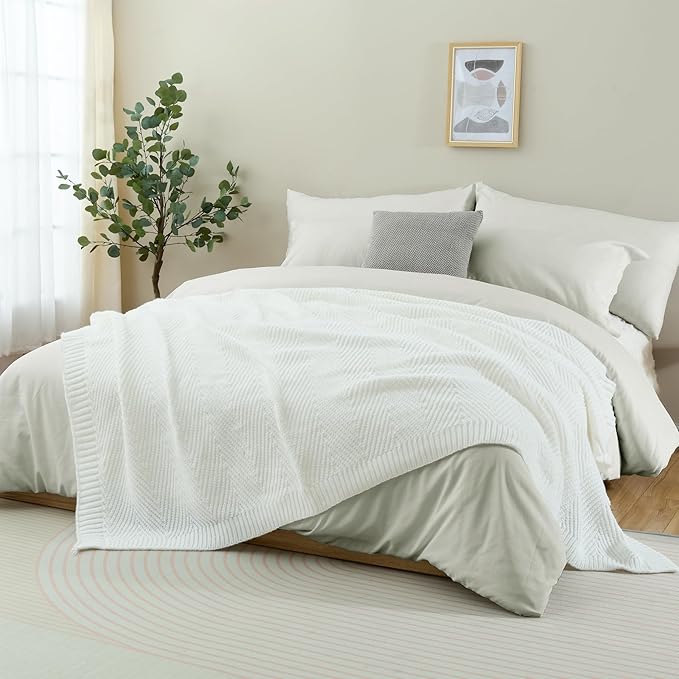 Knitted Throw Blanket 60"X80", White Knit Throws for Bed, Super Soft Boho Chevron Blankets for Couch Sofa Chair Room Decor, Textured Decorative Farmhouse Cozy Lightweight