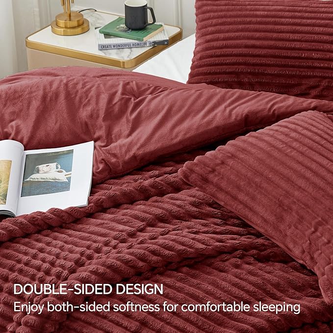 BEDELITE Fleece Twin Comforter Set -Super Soft & Warm Fluffy Burgundy Bedding, Luxury Fuzzy Heavy Bed Set for Winter with 1 Pillow case