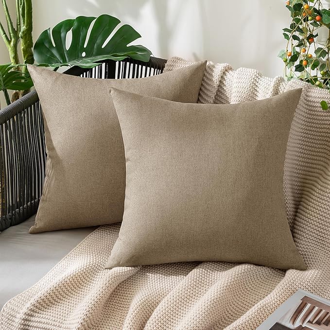 MIULEE Pack of 2 Decorative Outdoor Solid Waterproof Throw Pillow Covers Faux Linen Garden Farmhouse Cushion Cases for Patio Tent Balcony Couch Sofa 18x18 Inch Taupe Grey