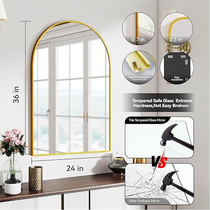 24x36 Arch Mirror Rectangle Full Length Wall Mounted Hanging or Against Wall Metal Aluminum Alloy Frame Dressing Make-up Mirrors for Entryway Bedroom Bathroom Living Room 24 36 inch Gold