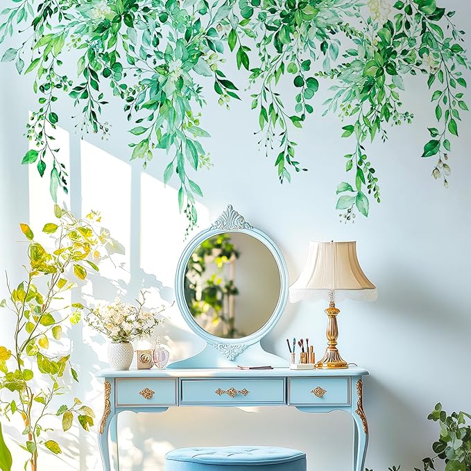 Emerald Green Plants Leaves Wall Decals Peel and Stick, Large Floral Flowers Vinyl Wall Stickers, Removable Vine Home Decor Art for Bedroom Living Room Classroom Office